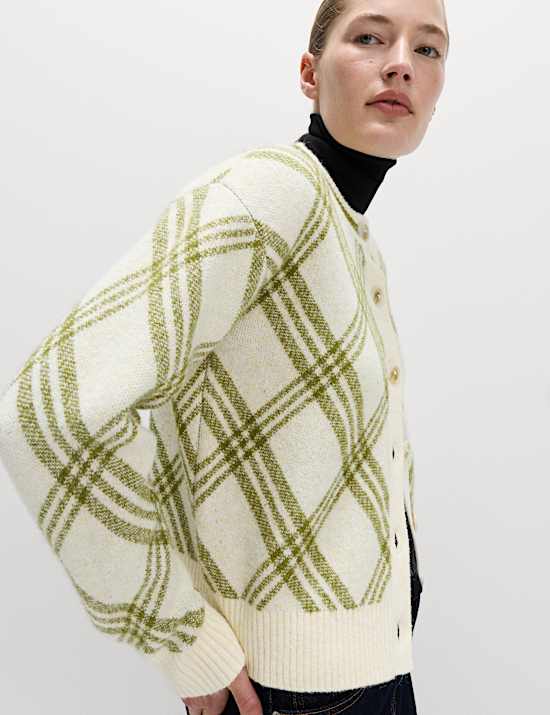 Καρό ζακέτα με κλειστή στρογγυλή λαιμόκοψη από μαλλί