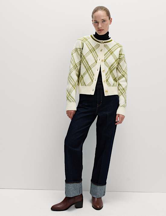 Καρό ζακέτα με κλειστή στρογγυλή λαιμόκοψη από μαλλί