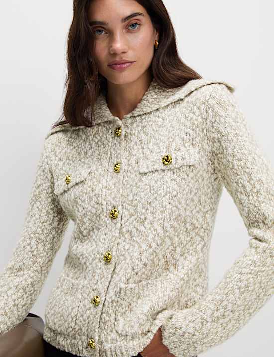 Collared Button Front Pocket Detail Cardigan With Wool