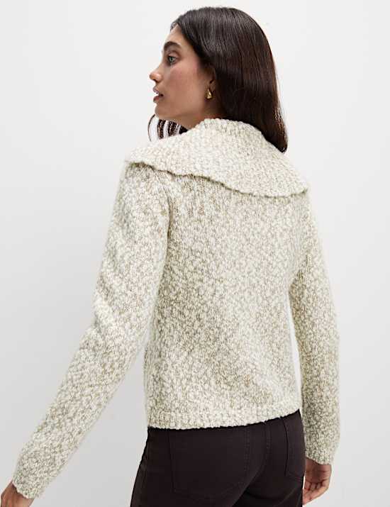 Collared Button Front Pocket Detail Cardigan With Wool