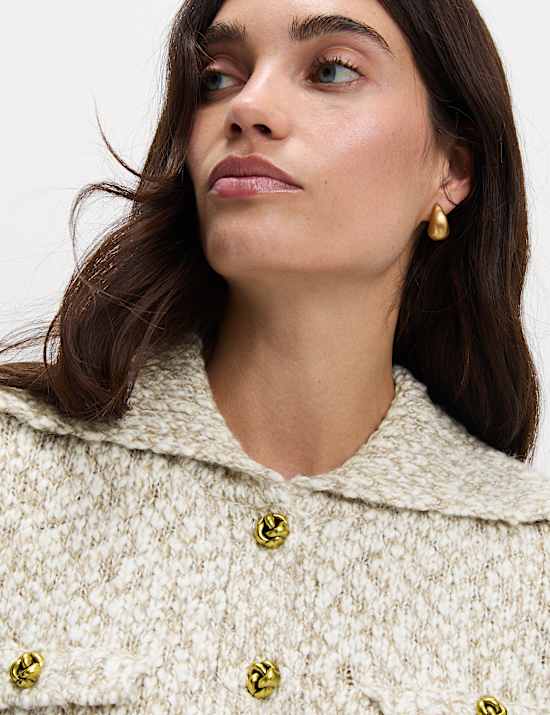 Collared Button Front Pocket Detail Cardigan With Wool