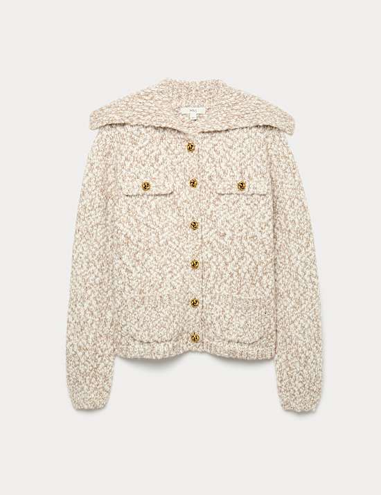 Collared Button Front Pocket Detail Cardigan With Wool