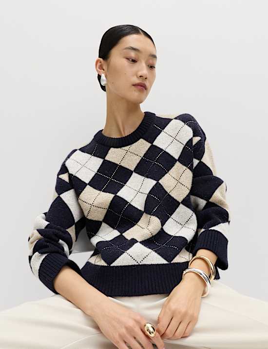 Slim-fit trui met ronde hals, argylepatroon en wol