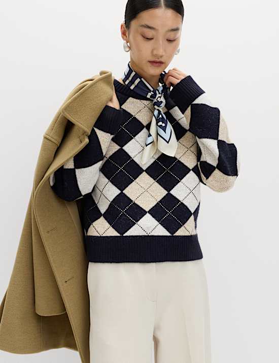 Slim-fit trui met ronde hals, argylepatroon en wol