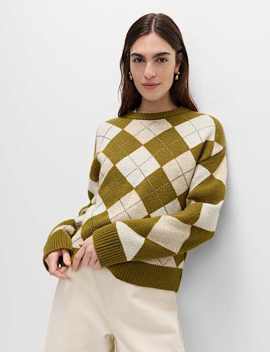 Slim-fit trui met ronde hals, argylepatroon en wol