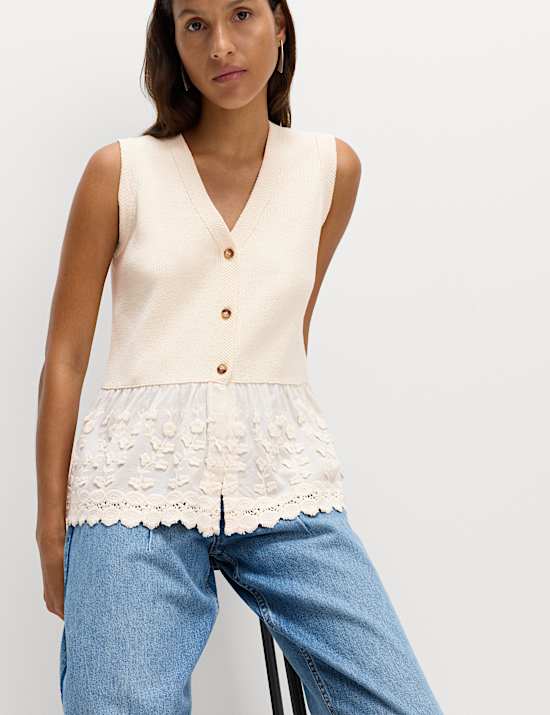 Cotton Blend Broderie Waistcoat