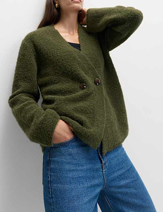 Gilet en laine bouclée ultra-doux à col en V et fermeture avant boutonnée