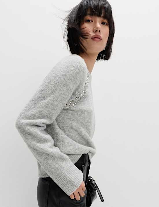 Boucle Embellished Jumper With Wool