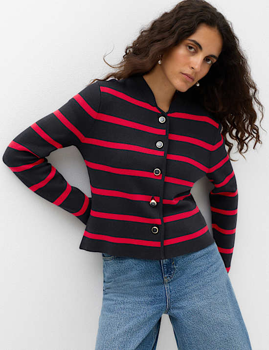 Striped Crew Neck Knitted Jacket