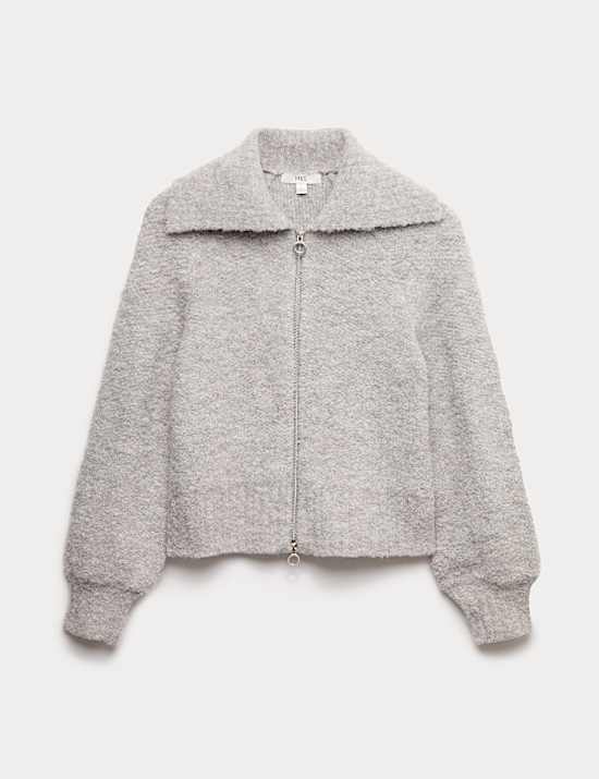 Strick-Kragenjacke mit Rei&szlig;verschluss aus Boucl&eacute; mit Wollanteil