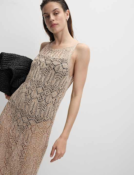 Gaun Midi rajutan Pointelle Logam