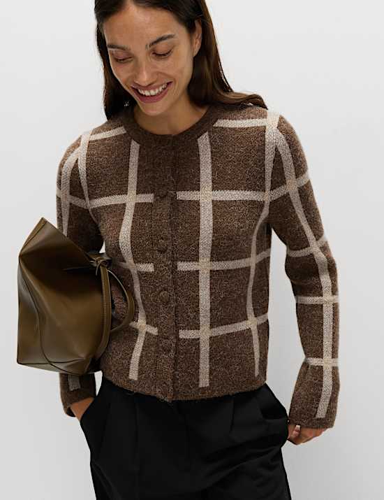 Cardigan en laine à col rond et motif à carreaux