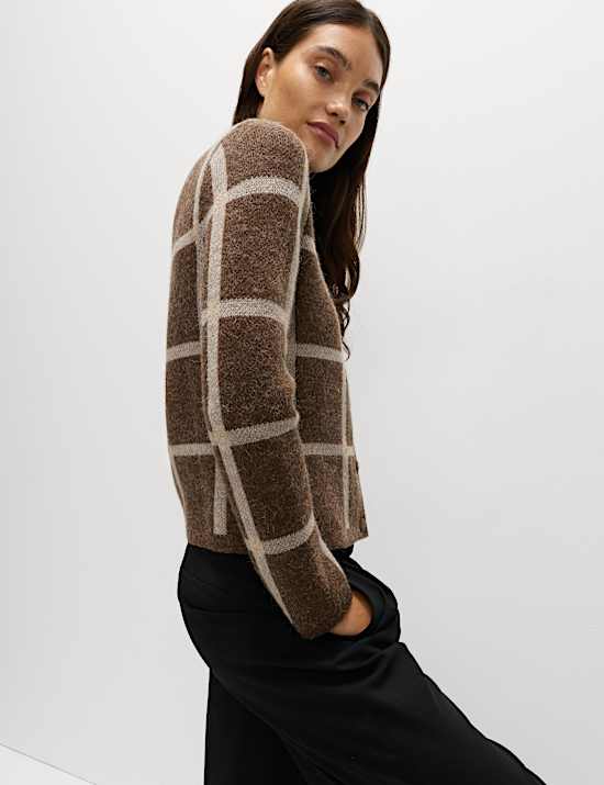 Cardigan en laine à col rond et motif à carreaux