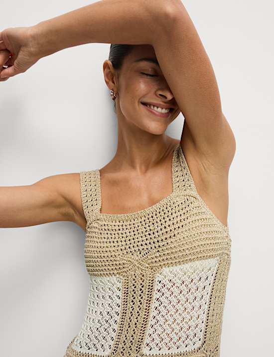 Cotton Rich Metallic Square Neck Midi Dress