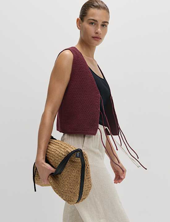 Cotton Blend Textured Tie Front Waistcoat