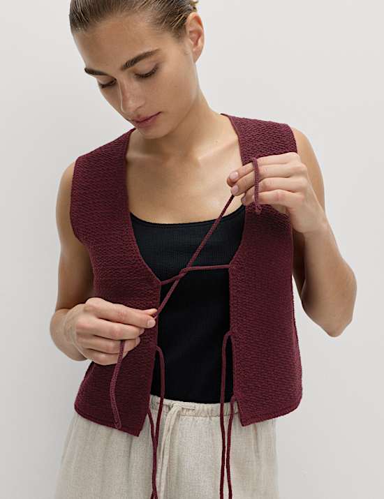 Cotton Blend Textured Tie Front Waistcoat