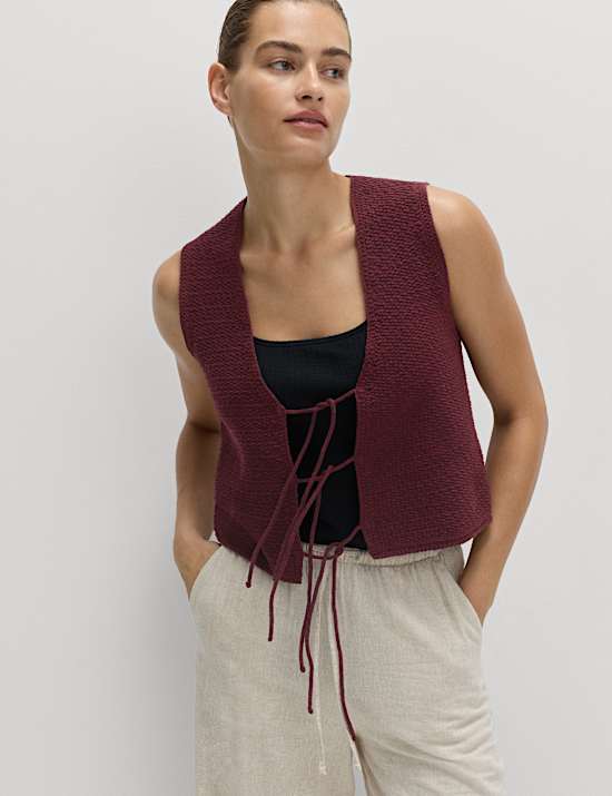 Cotton Blend Textured Tie Front Waistcoat