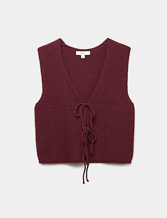 Cotton Blend Textured Tie Front Waistcoat