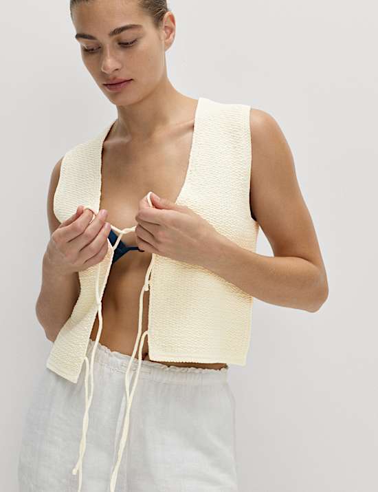 Cotton Blend Textured Tie Front Waistcoat