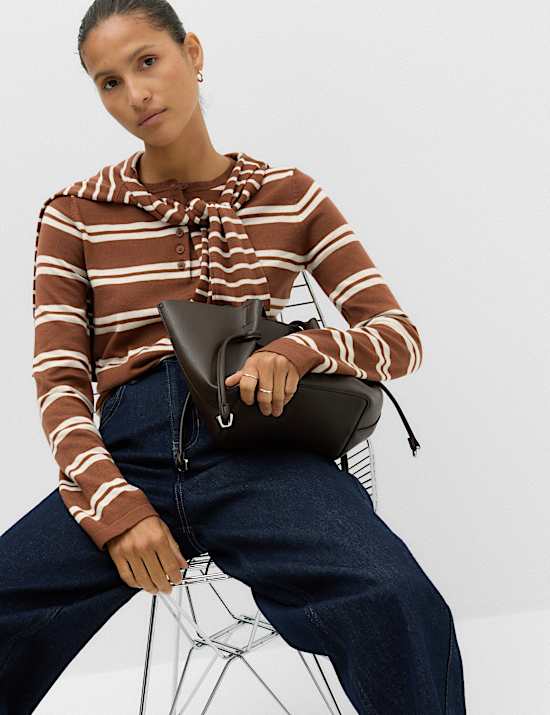 Pure Merino Wool Striped Henley Neck Jumper
