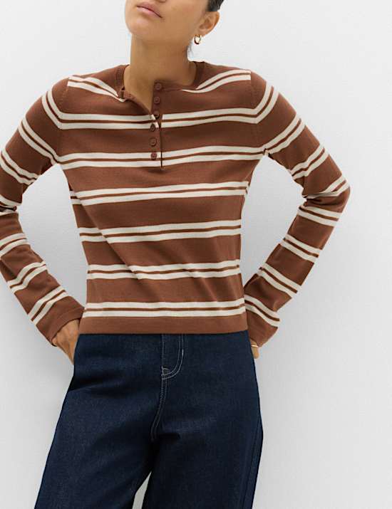 Pure Merino Wool Striped Henley Neck Jumper