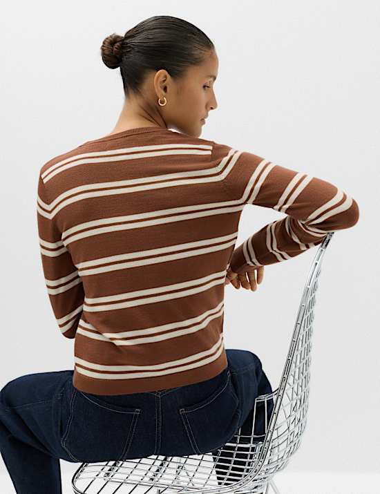 Pure Merino Wool Striped Henley Neck Jumper