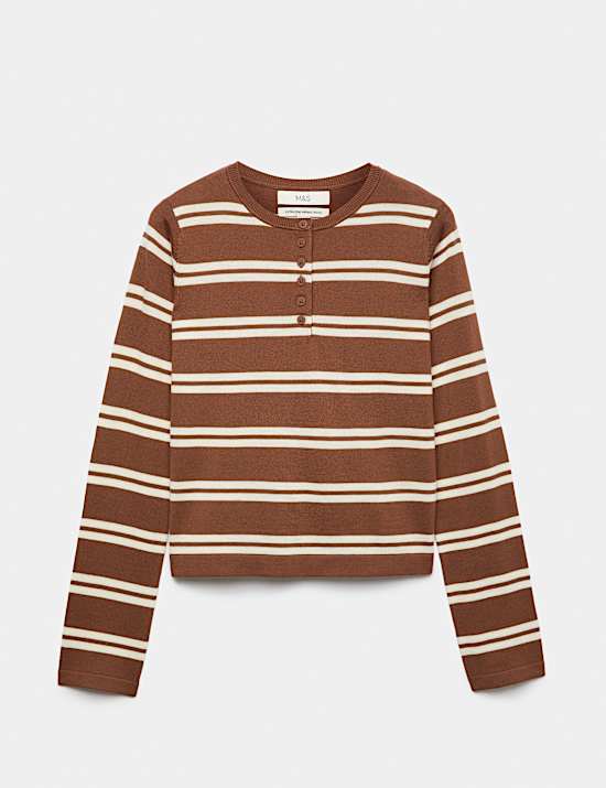 Pure Merino Wool Striped Henley Neck Jumper