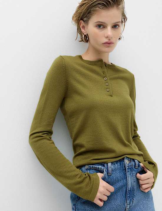 Pure Merino Wool Crew Neck Button Detail Jumper