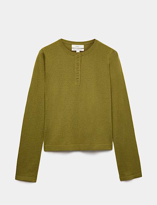 Pure Merino Wool Crew Neck Button Detail Jumper