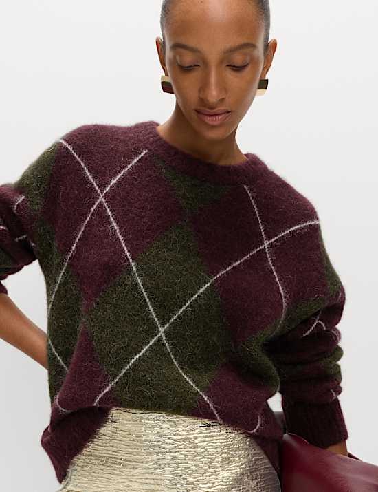 Wool Blend Argyle Crew Neck Relaxed Jumper