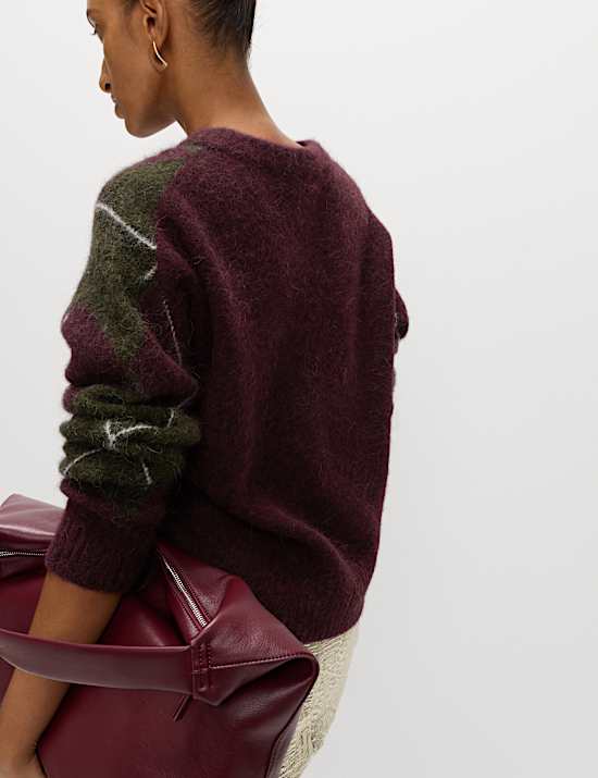 Wool Blend Argyle Crew Neck Relaxed Jumper