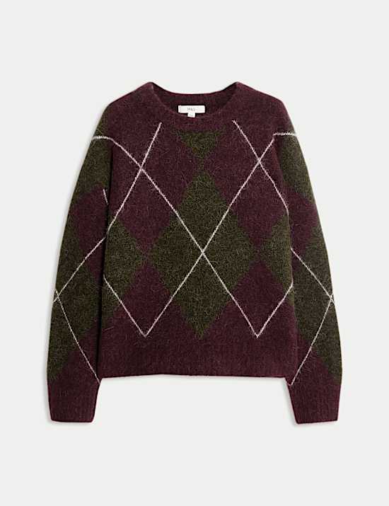 Wool Blend Argyle Crew Neck Relaxed Jumper