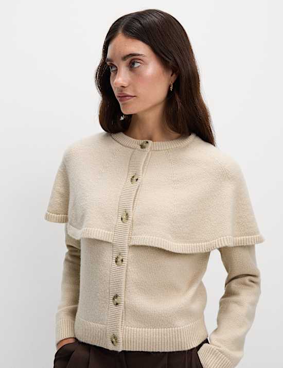 Wool Blend Crew Neck Cape Cardigan