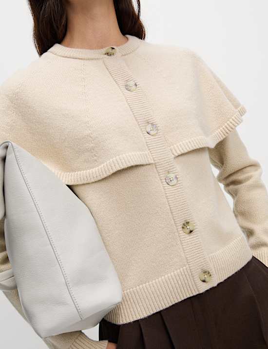 Wool Blend Crew Neck Cape Cardigan