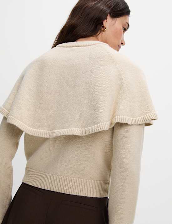 Wool Blend Crew Neck Cape Cardigan