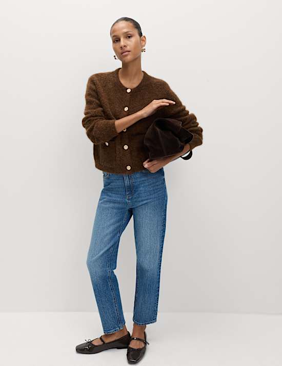 Alpaca Blend Button Front Cropped Cardigan