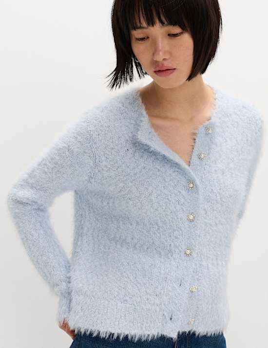 Textured Embellished Button Through Cardigan