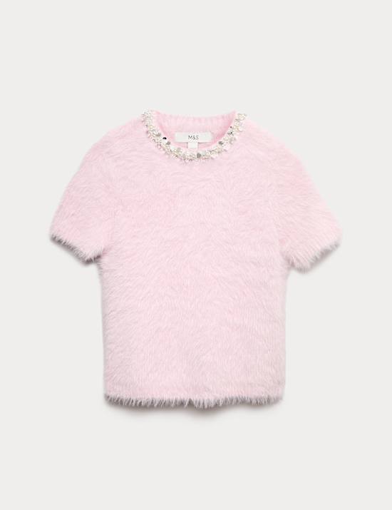 Top ajusté en maille à col rond et décoration