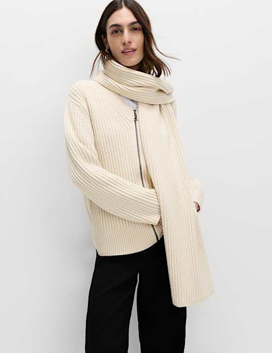 Wool Blend Ribbed Scarf Neck Zip Cardigan