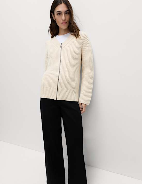 Wool Blend Ribbed Scarf Neck Zip Cardigan