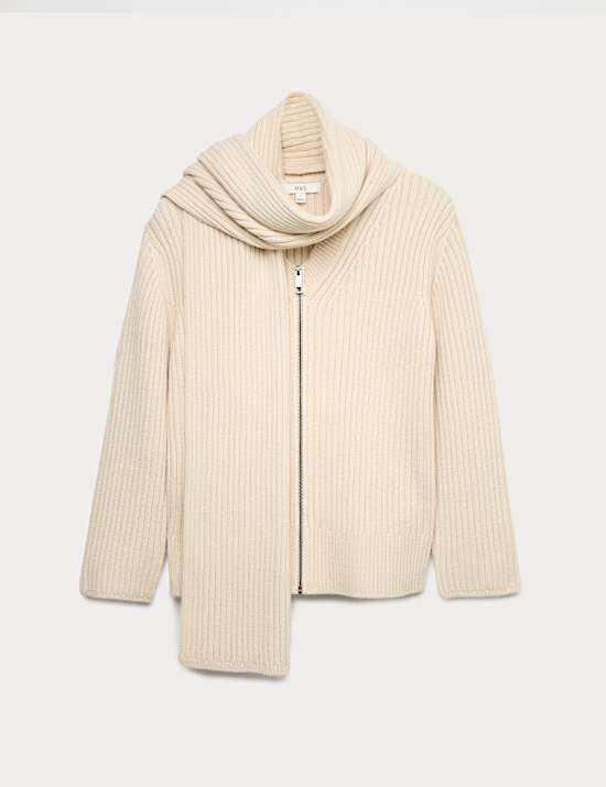 Wool Blend Ribbed Scarf Neck Zip Cardigan