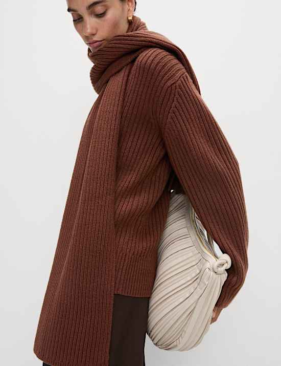 Wool Blend Ribbed Scarf Neck Zip Cardigan