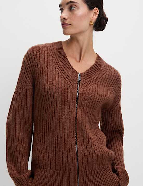 Wool Blend Ribbed Scarf Neck Zip Cardigan