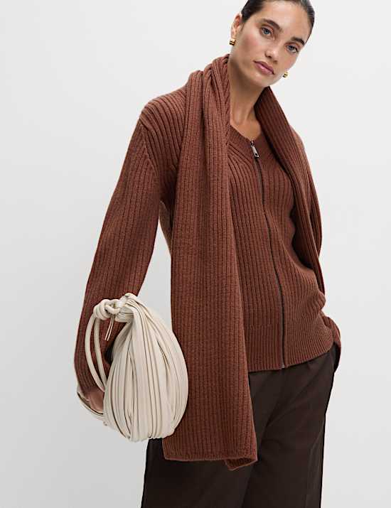 Wool Blend Ribbed Scarf Neck Zip Cardigan