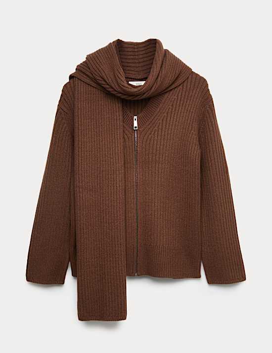 Wool Blend Ribbed Scarf Neck Zip Cardigan