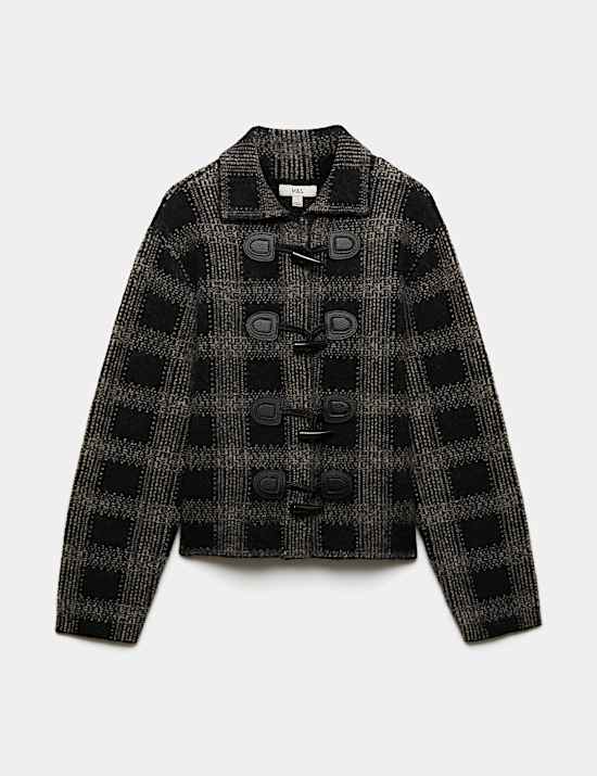 Checked Toggle Knitted Jacket with Wool
