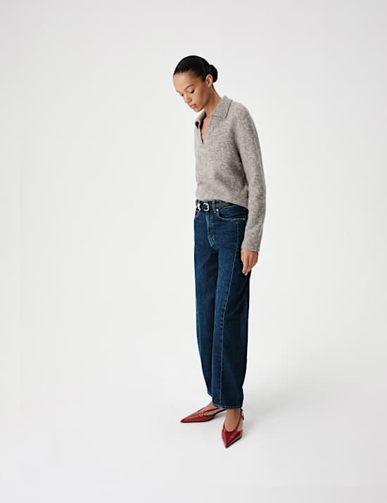 Wool Rich Brushed Collared V Neck Jumper
