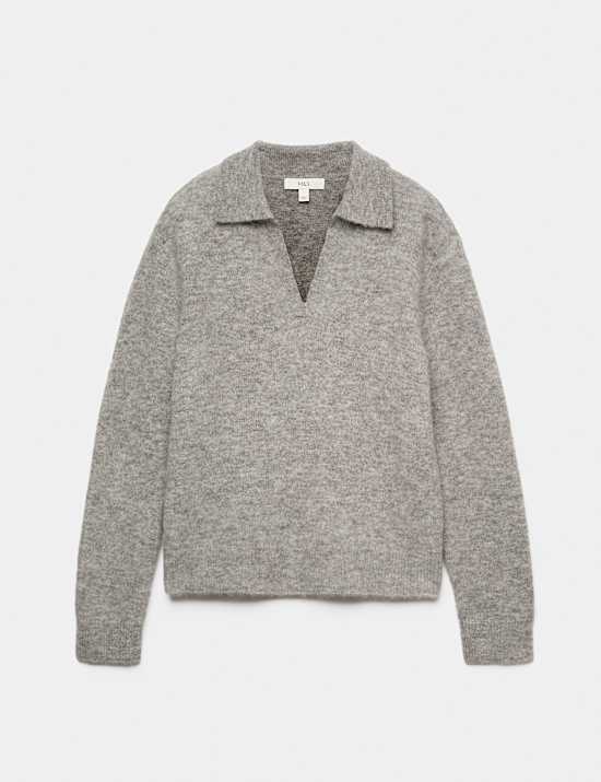 Wool Rich Brushed Collared V Neck Jumper