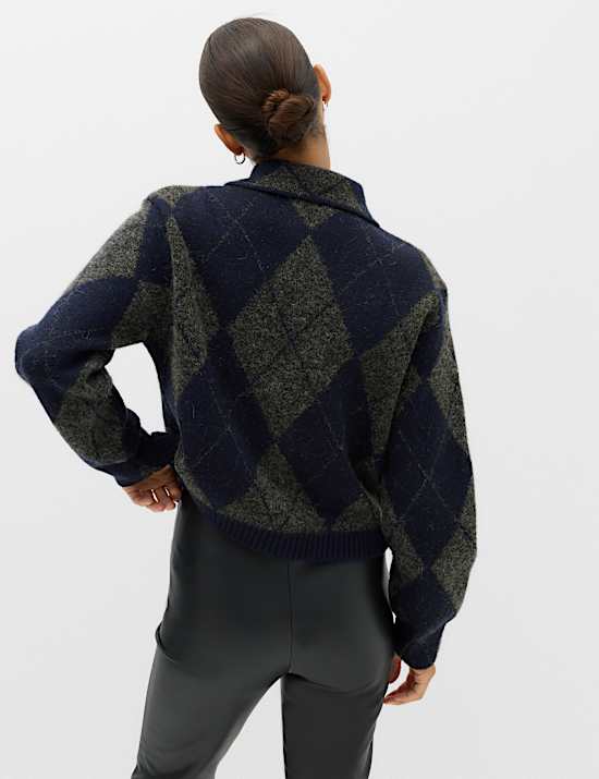 Argyle Collared Zip Up Knitted Jacket With Wool