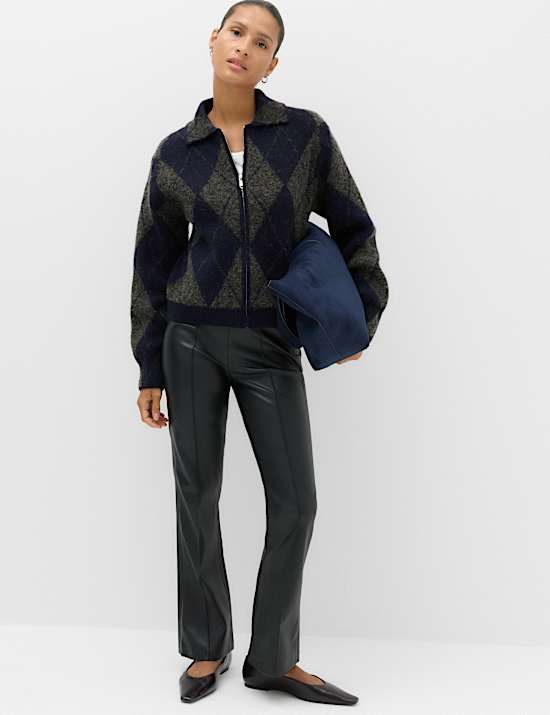 Argyle Collared Zip Up Knitted Jacket With Wool